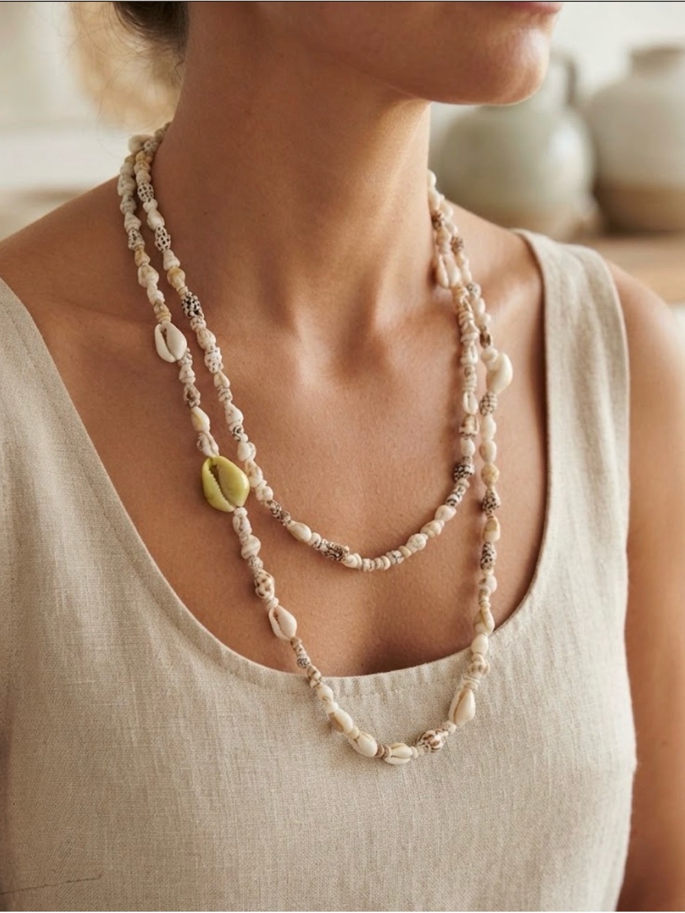 Layered Natural Shell Bead Necklace in Cream and Green 2 separate necklaces